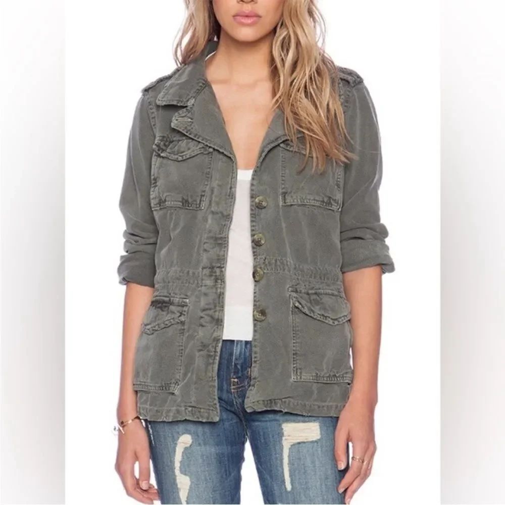 Sundry Green Distressed Military Utility Pockets Jacket Casual Military Boho